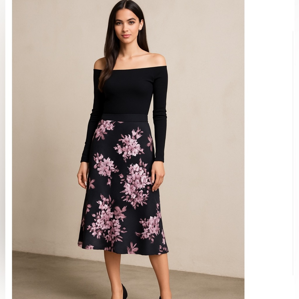 Y2K INC Black Pink Silk floral midi slip skirt size 12 lingerie romantic